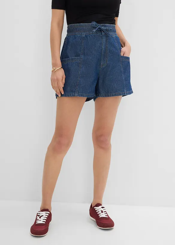Short en jean avec taille haute &eacute;lastiqu&eacute;e, bonprix