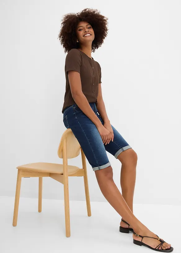 Bermuda en jean, taille mi-haute &eacute;lastiqu&eacute;e, bonprix