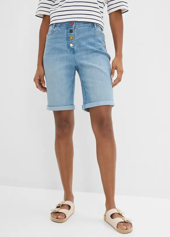 Bermuda en jean avec broderie, taille mi-haute &eacute;lastiqu&eacute;e, bonprix