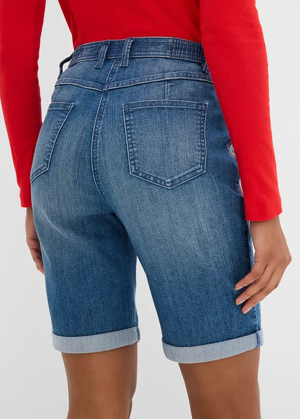 Bermuda en jean avec broderie, taille mi-haute &eacute;lastiqu&eacute;e, bonprix