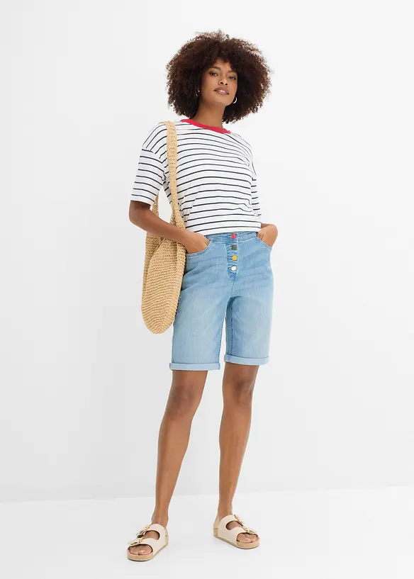Bermuda en jean avec broderie, taille mi-haute &eacute;lastiqu&eacute;e, bonprix