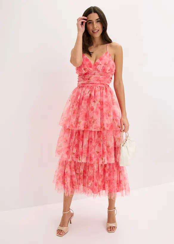 Robe midi en tulle fin &agrave; volants, bonprix