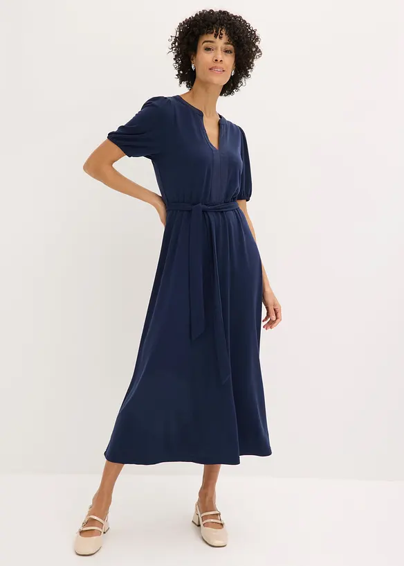 Midikleid aus Viskose-Pikee mit Satinbesatz, bonprix