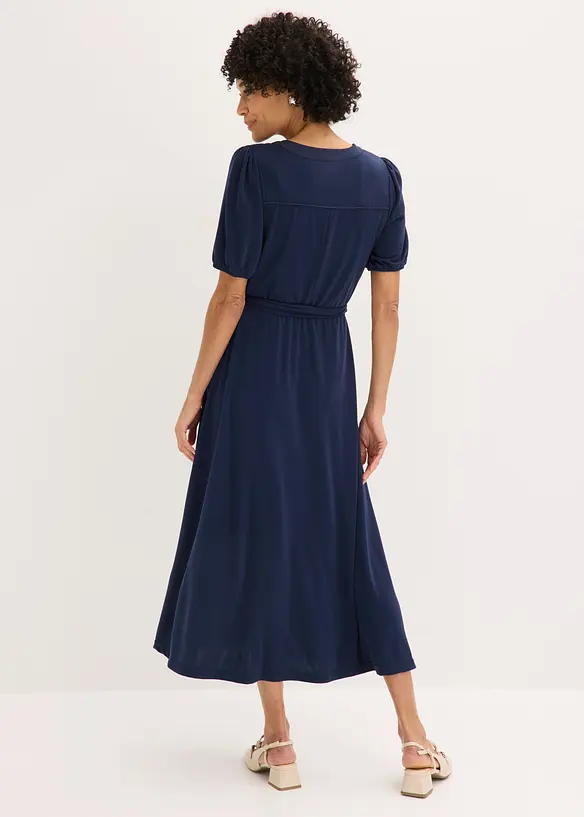 Midikleid aus Viskose-Pikee mit Satinbesatz, bonprix