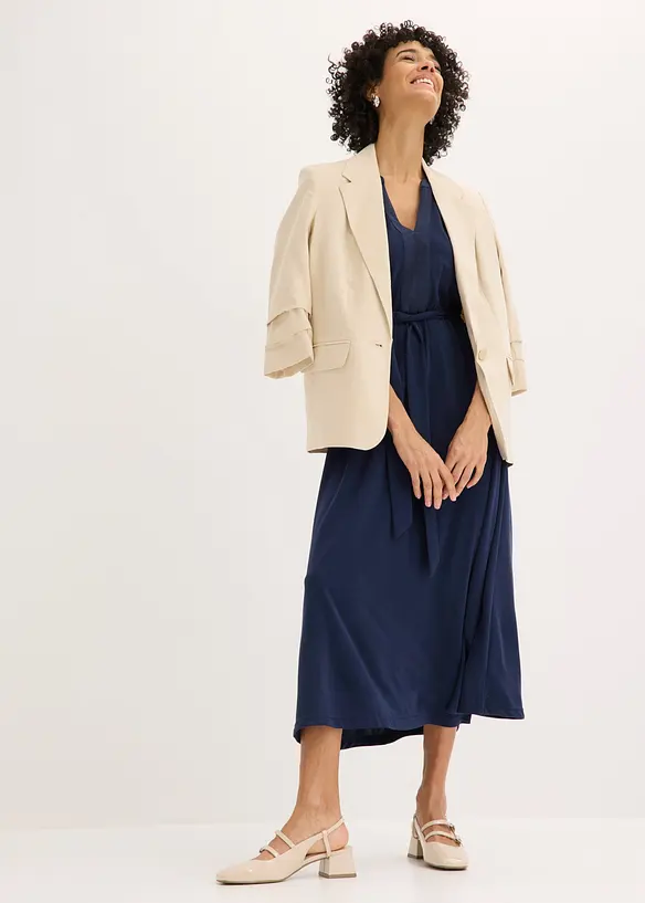 Midikleid aus Viskose-Pikee mit Satinbesatz, bonprix