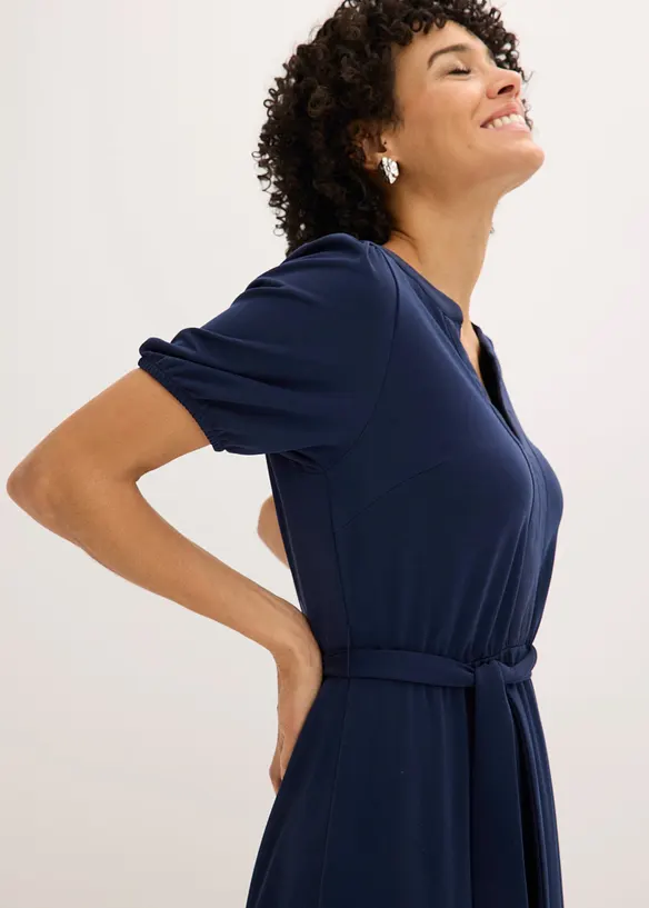 Midikleid aus Viskose-Pikee mit Satinbesatz, bonprix