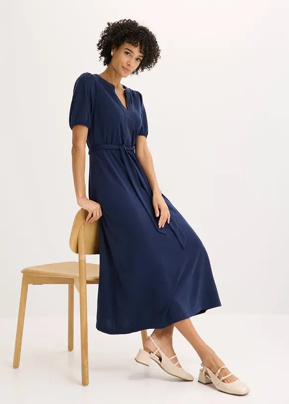 Midikleid aus Viskose-Pikee mit Satinbesatz, bonprix
