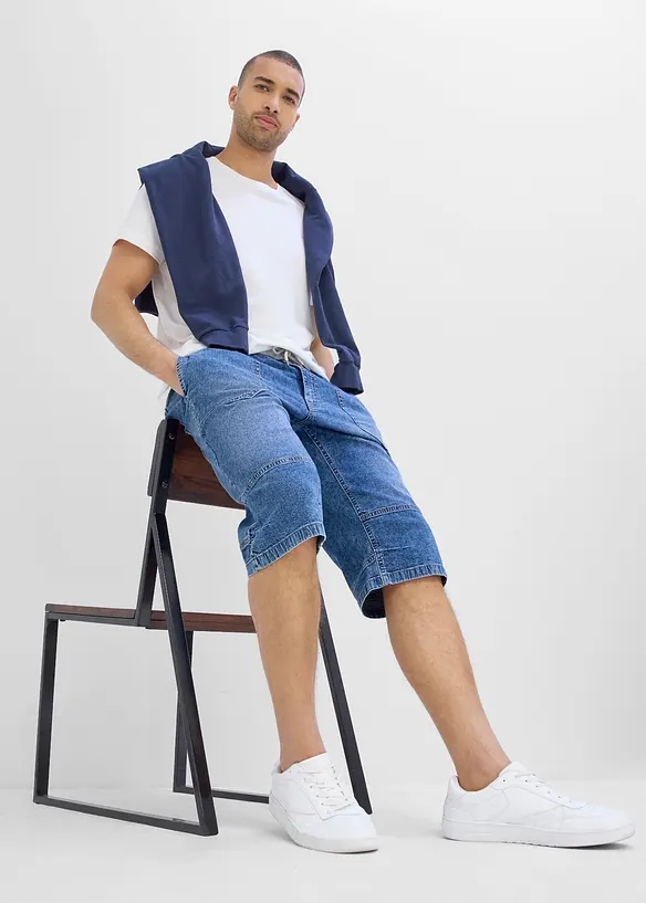 Bermuda long et l&eacute;ger en jean taille extensible, loose, bonprix