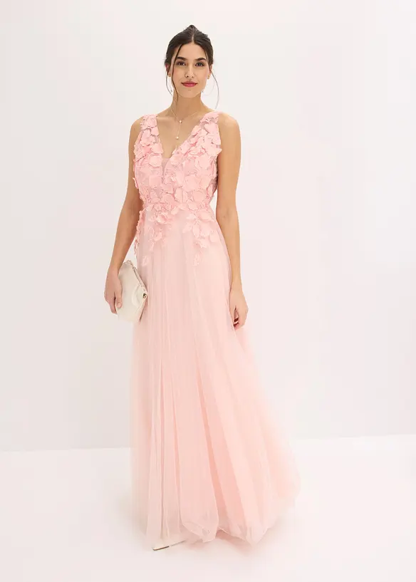 Robe longue en tulle d&eacute;licat orn&eacute;e de fleurs appliqu&eacute;es, bonprix