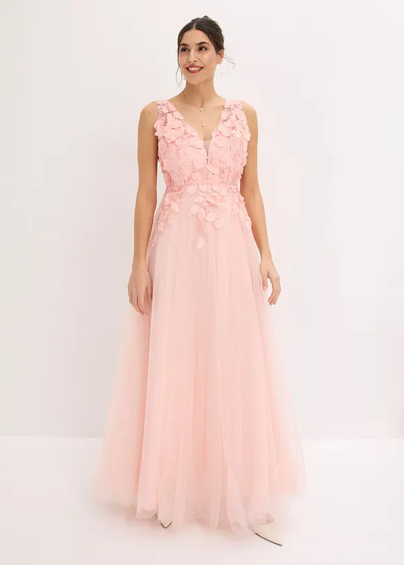 Robe longue en tulle d&eacute;licat orn&eacute;e de fleurs appliqu&eacute;es, bonprix