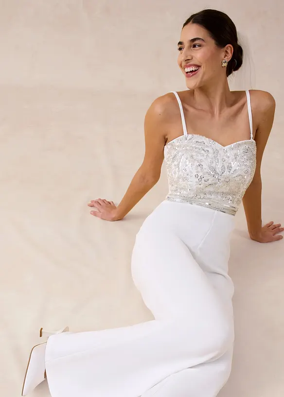 Combinaison en cr&ecirc;pe textur&eacute; avec perles brod&eacute;es, bonprix