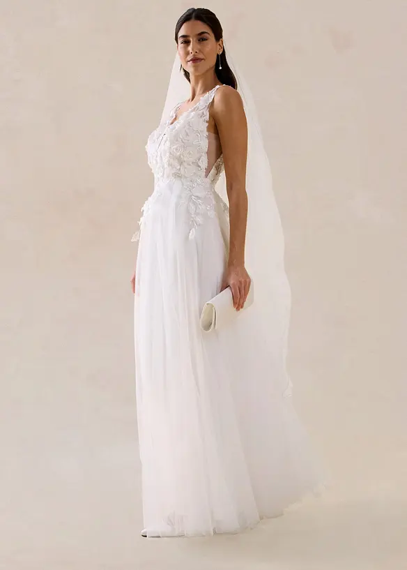 Robe de mari&eacute;e en tulle avec fleurs appliqu&eacute;es, bonprix
