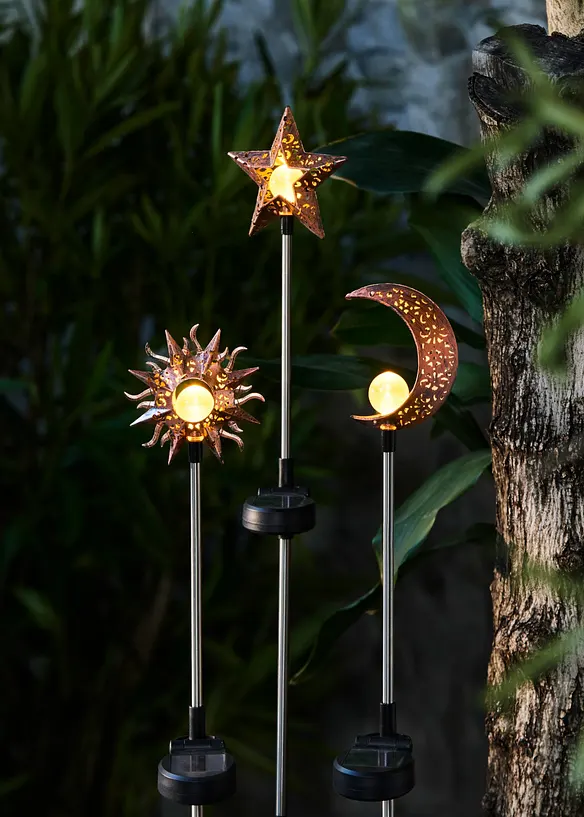 Lot de 3 piquets de jardin solaire Soleil, Lune, &Eacute;toile, bonprix