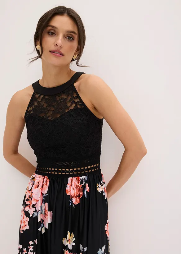 Maxikleid mit Blumen-Print und Spitze, bonprix