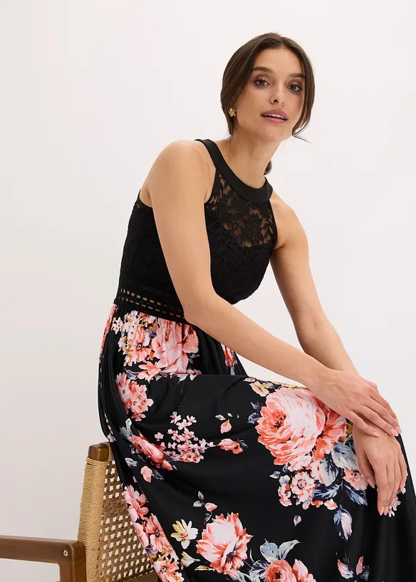 Maxikleid mit Blumen-Print und Spitze, bonprix