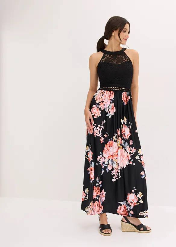 Maxikleid mit Blumen-Print und Spitze, bonprix
