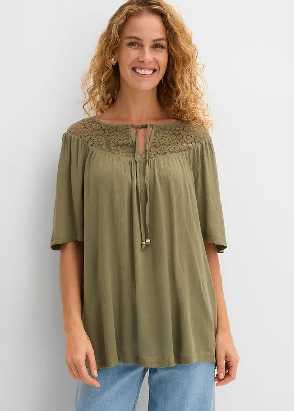 Longue tunique en cr&eacute;pon, manches coude, bonprix