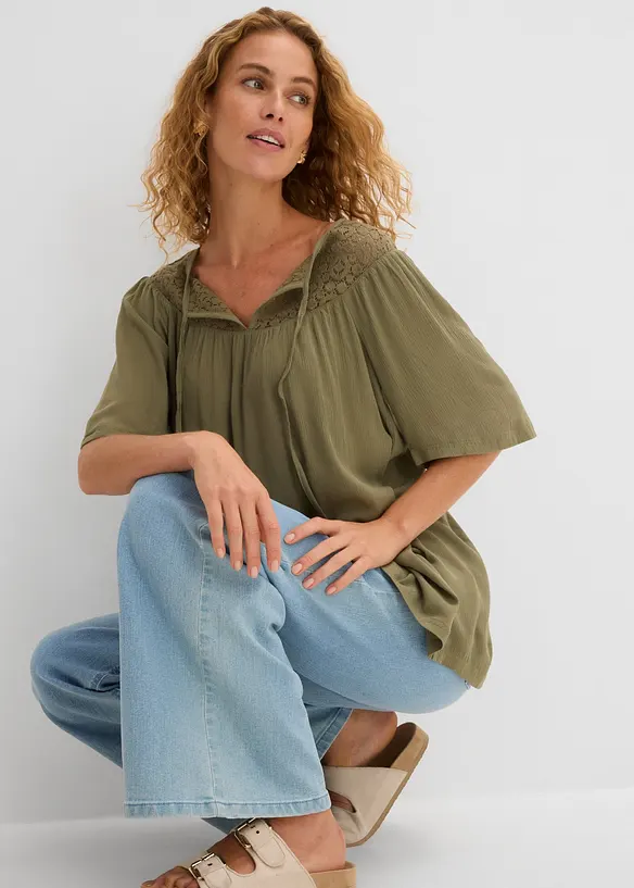 Longue tunique en cr&eacute;pon, manches coude, bonprix