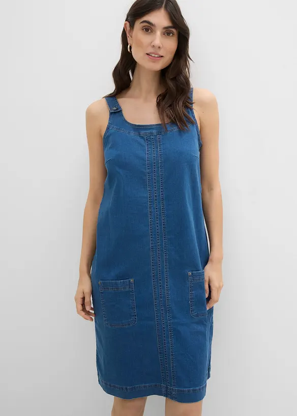 Robe en jean coton avec bretelles de salopette, longueur genou, bonprix