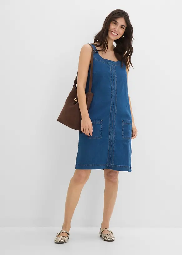 Robe en jean coton avec bretelles de salopette, longueur genou, bonprix