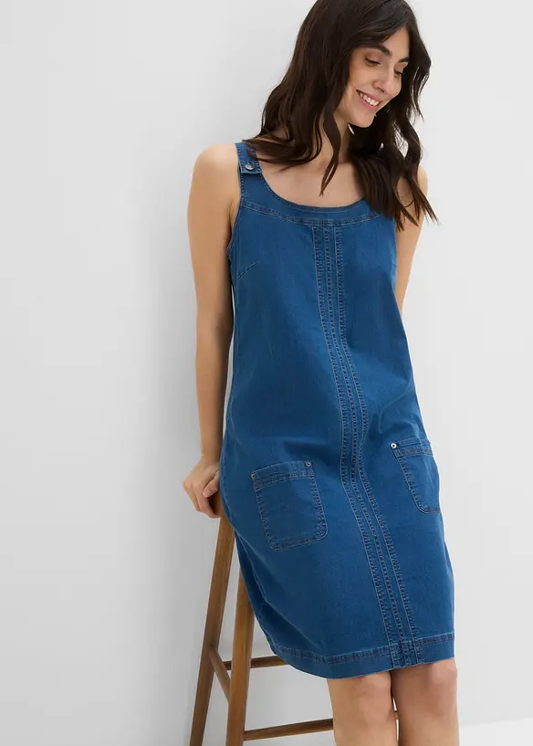 Robe en jean coton avec bretelles de salopette, longueur genou, bonprix