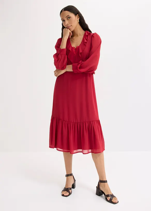 Robe en mousseline &agrave; dentelle et volants, bonprix