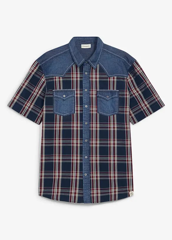 Kurzarmhemd mit Denimbesatz aus reiner Bio-Baumwolle, bonprix