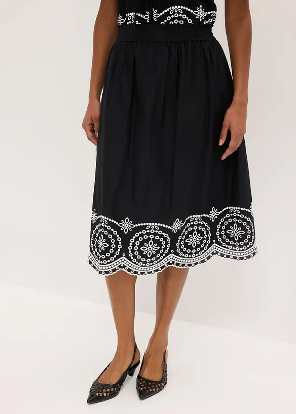 Jupe midi &agrave; broderie anglaise, 100% coton, bonprix