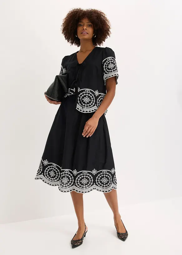 Jupe midi &agrave; broderie anglaise, 100% coton, bonprix