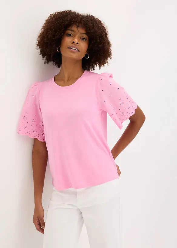 T-shirt doux en viscose extensible avec broderie anglaise, bonprix