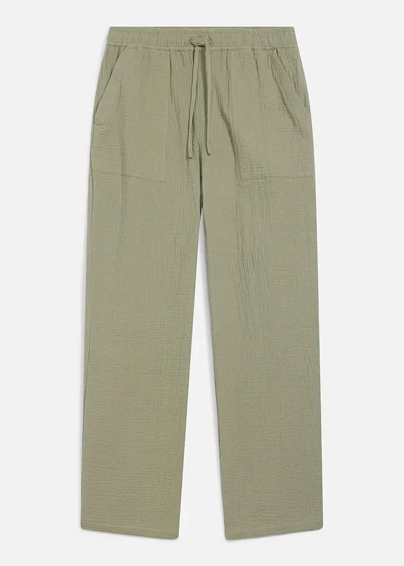 Pantalon loose en gaze de coton &agrave; taille &eacute;lastiqu&eacute;e, fusel&eacute;, bonprix