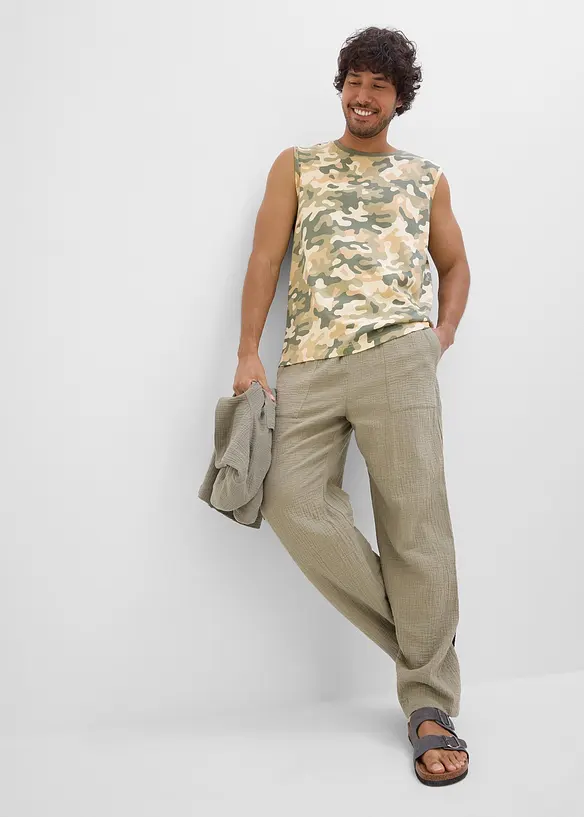 Pantalon loose en gaze de coton &agrave; taille &eacute;lastiqu&eacute;e, fusel&eacute;, bonprix