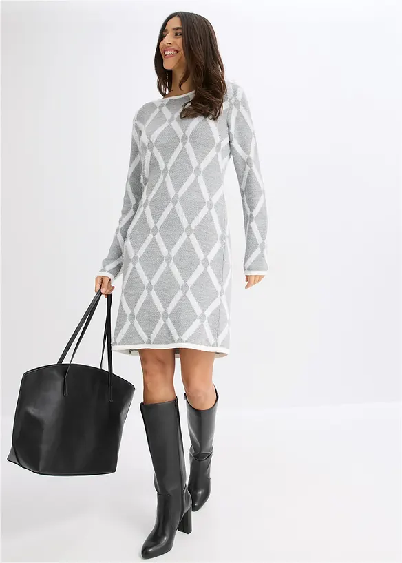 Strickkleid mit Rautenmuster aus Federgarn, bonprix