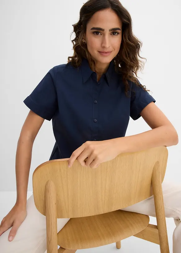 Taillierte Stretch-Kurzarmbluse aus Baumwollmix, bonprix