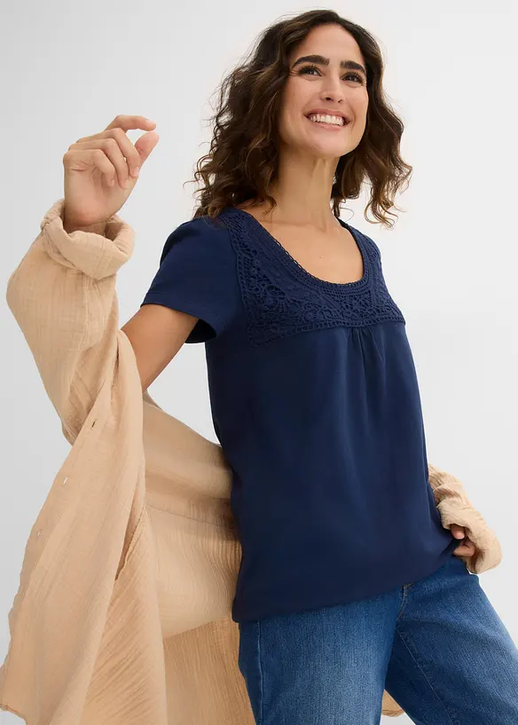 T-shirt coton et dentelle, manches courtes, bonprix