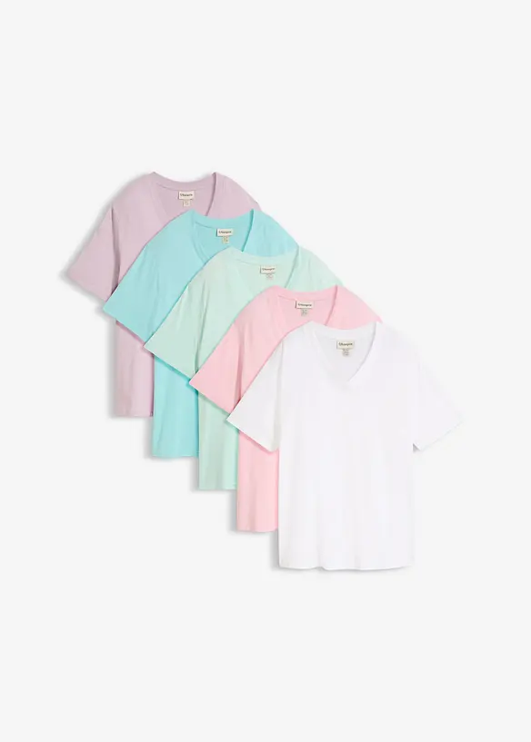 Lot de 5 T-shirts longs et amples &agrave; col V, bonprix