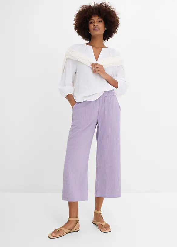 Pantalon large &agrave; pinces en gaze de coton, bonprix