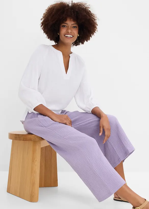 Pantalon large &agrave; pinces en gaze de coton, bonprix