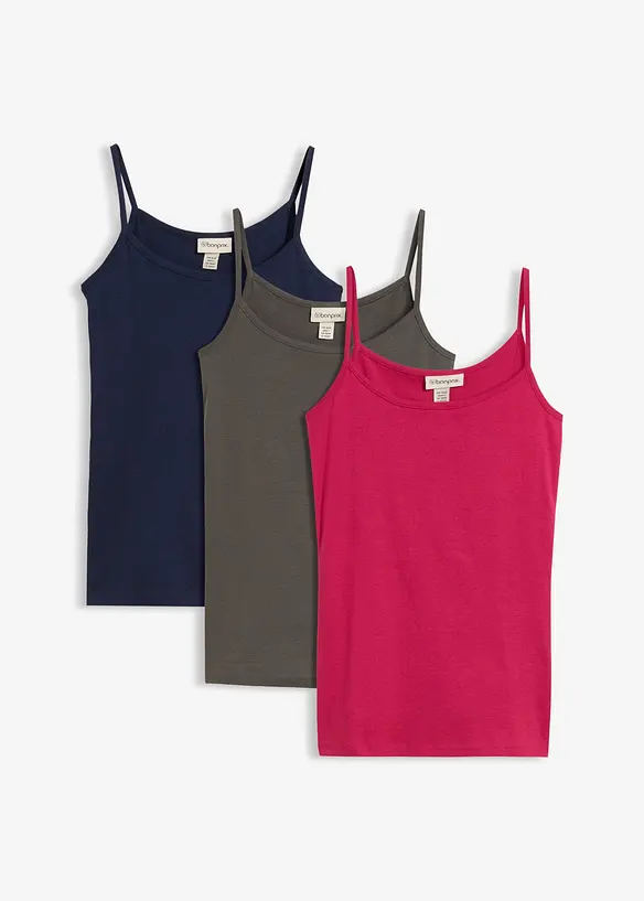 Lot de 3 tops &agrave; bretelles spaghetti 100% coton, bonprix