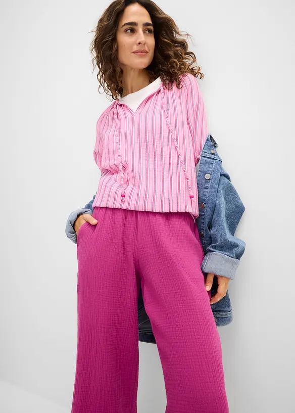 Pantalon large &agrave; pinces en gaze de coton, bonprix