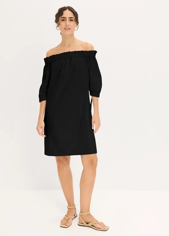 Robe col Bardot 100% coton avec broderies anglaises, bonprix