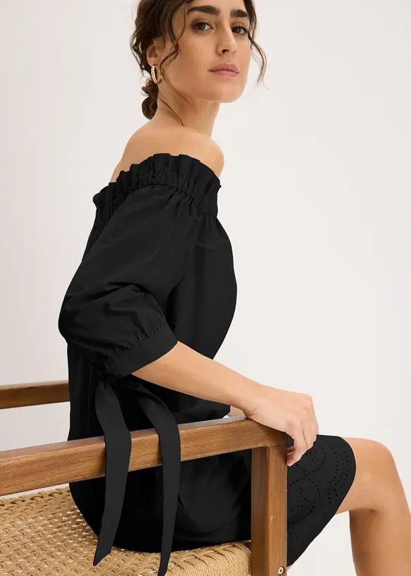 Robe col Bardot 100% coton avec broderies anglaises, bonprix