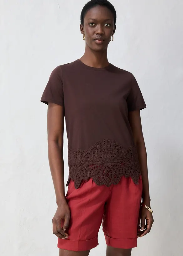 Shirt mit Seidenanteil und H&auml;kelspitze, bonprix