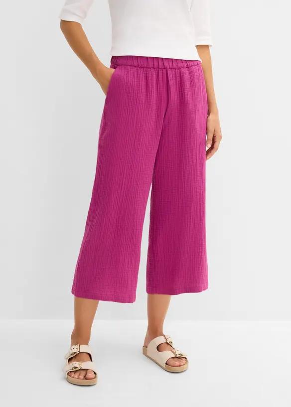 Pantalon large &agrave; pinces en gaze de coton, bonprix