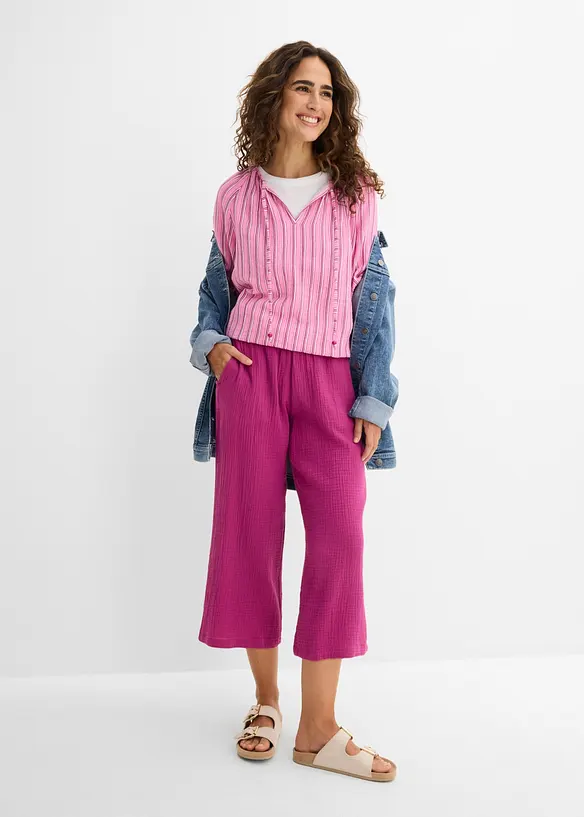 Pantalon large &agrave; pinces en gaze de coton, bonprix