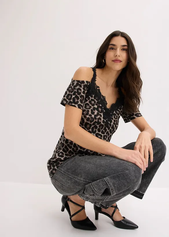 T-shirt &eacute;paules d&eacute;nud&eacute;es avec dentelle, bonprix