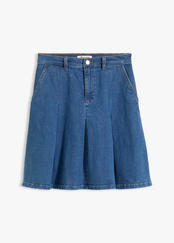 Jupe pliss&eacute;e en jean, taille mi-haute, bonprix