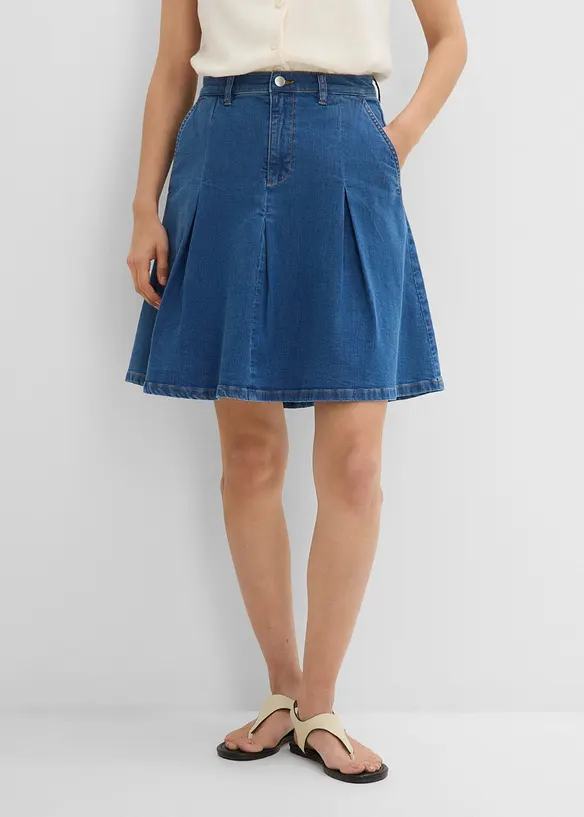 Jupe pliss&eacute;e en jean, taille mi-haute, bonprix