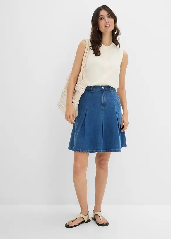 Jupe pliss&eacute;e en jean, taille mi-haute, bonprix