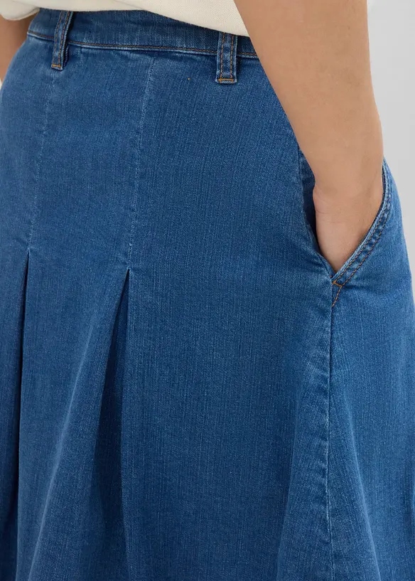 Jupe pliss&eacute;e en jean, taille mi-haute, bonprix